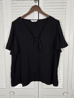 Lauren Conrad Tie Front Keyhole Flutter Sleeve Lightweight V Neck Black Top XXL